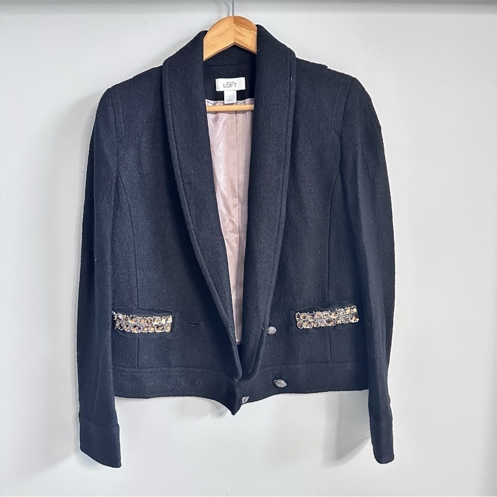 LOFT Black Blazer Jacket with Embellished Pockets Wool Blend 8